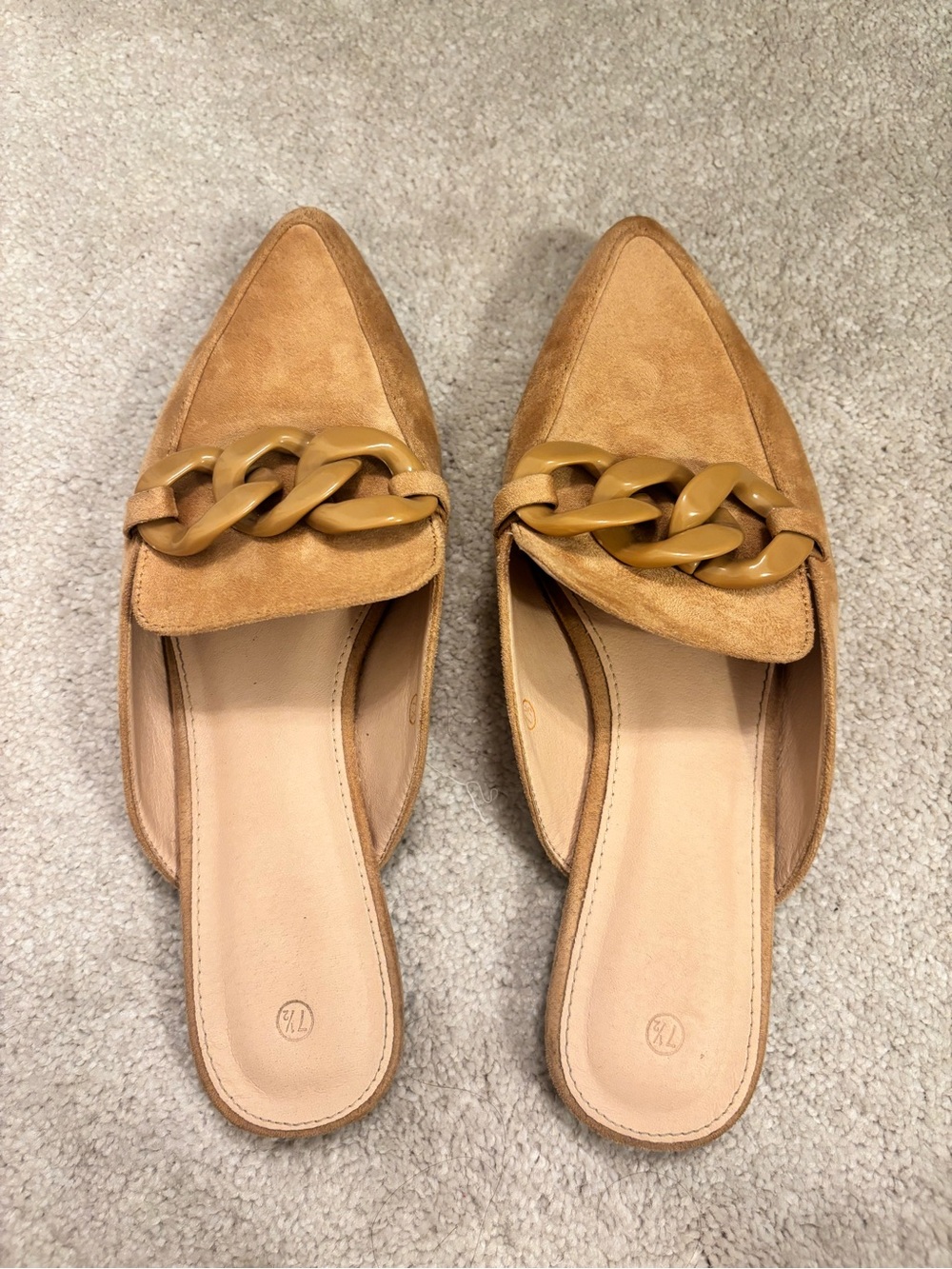 Pointed Suede Slip-On Mule with Chunky Chain Detail - Tan